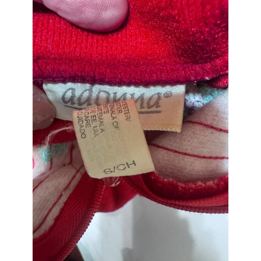 Vintage Adonna Red Floral Embroidered Quilted Robe Housecoat half zip Small